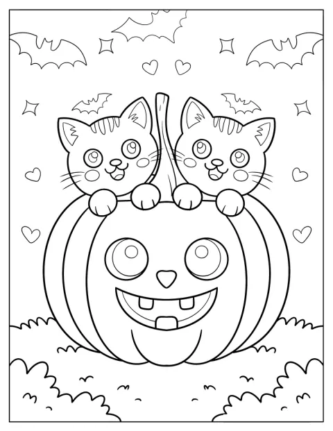 Two Halloween Cat Coloring Page Hiding Behind a Smiling Jack o Lantern for Preschoolers