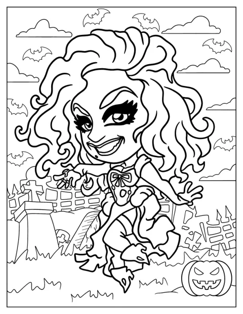 Sarah Sanderson aparece en estilo de dibujo animado.