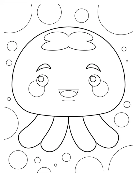 Una medusa dei cartoni sorride mentre galleggia sott'acqua.