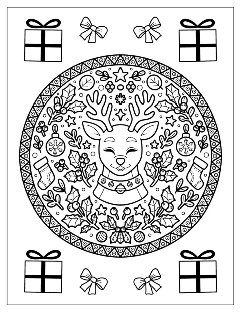 Rénszarvas díszíti a mandala közepét, körülötte gömbök, zoknik és levelek láthatók.