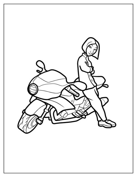 Colette opiera się o motocykl.