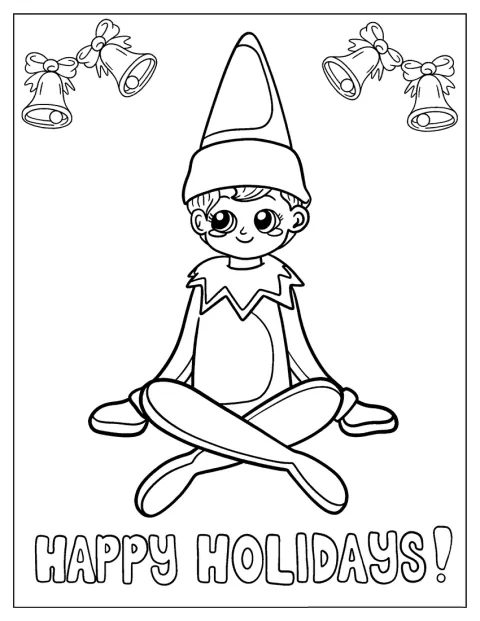 Uroczy Elf na półce trzyma świąteczne dzwoneczki.