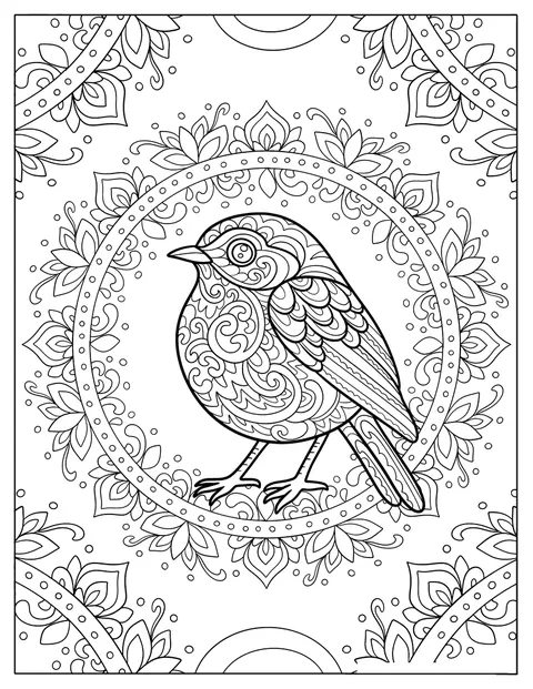 花びらや渦巻き模様に囲まれたコマドリが、曼荼羅の中央に描かれています。