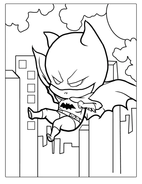 A vidám Batman leugrik egy épület tetejéről.