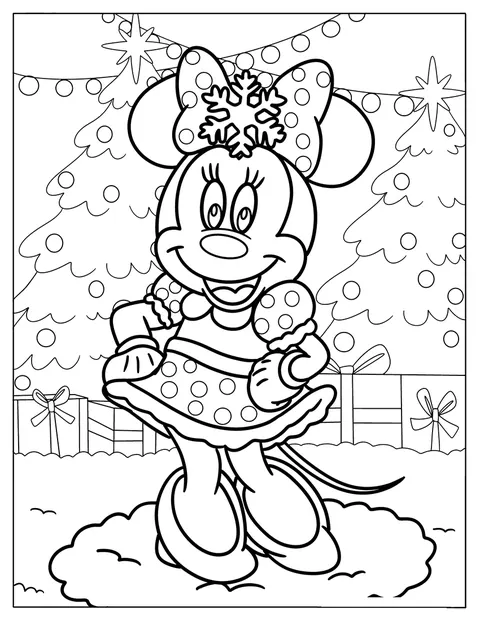 Minnie Mouse sorri junto a árvores de Natal e presentes.