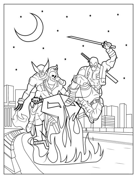 Deadpool, Wolverine og Ghost Rider står sammen i en heroisk gruppe.