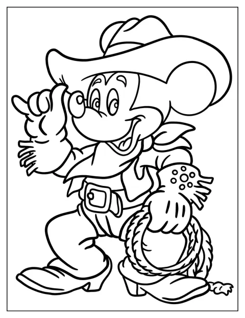 Mickey Mouse står i cowboytøj med hat og støvler.