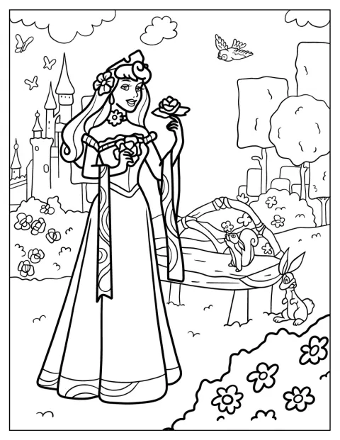 Prinses Aurora wandelt in een lentetuin buiten het kasteel.