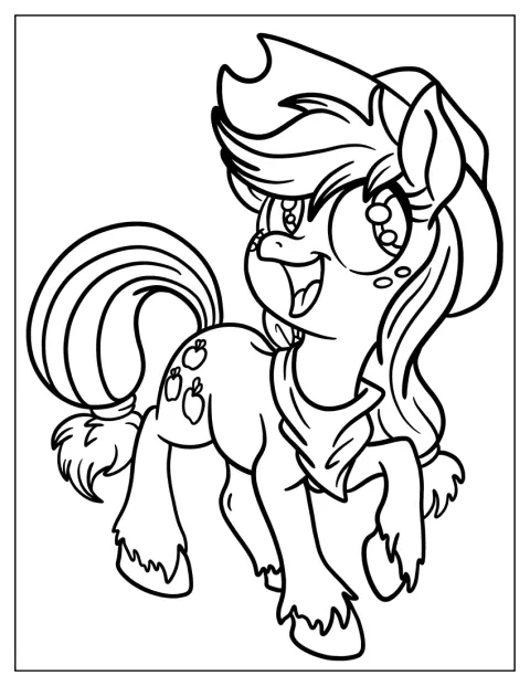 Com um cachecol ao pescoço e um chapéu de cowboy, Applejack trota alegremente.