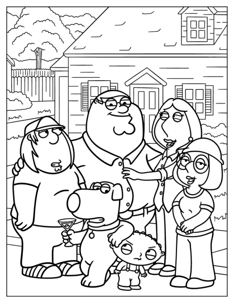 Peter, Lois, Chris, Meg, Brian ja Stewie poseeraavat yhdessä.