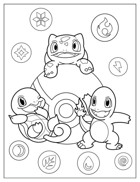 Bulbasaur, Squirtle en Charmander zitten samen op een Pokéball.