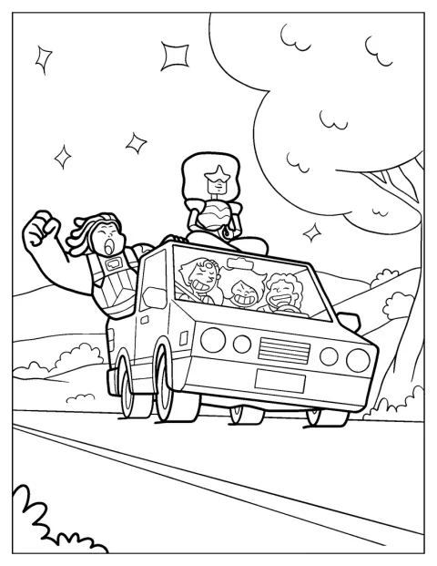 Steven Universe conduce un coche con Pearl, Amethyst, Bismuth y Garnet.