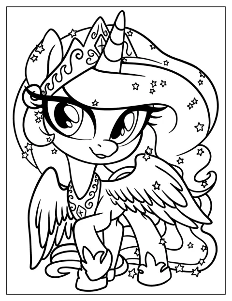 Prinsesse Celestia står omgivet af stjerner i kawaii-stil.