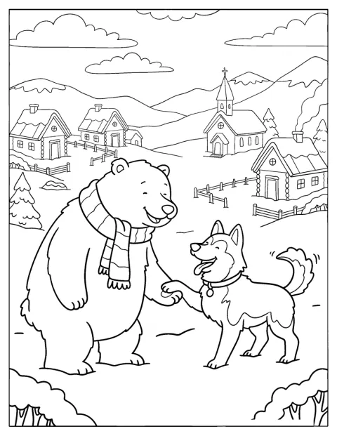 人懐こいシロクマが犬と前足を合わせています。