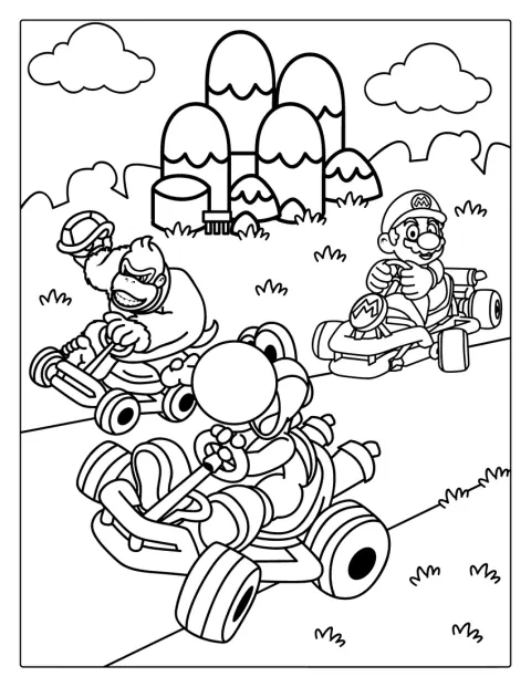 Yoshi corre in gara accanto a Mario e Donkey Kong.