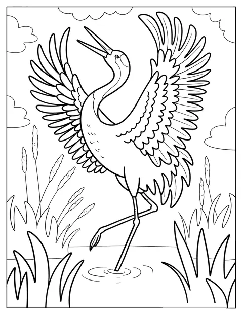 Dancing Crane with Outstretched Wings in a Marsh
