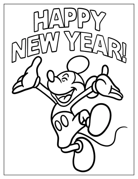 Sous les mots « Happy New Year's Eve », Mickey Mouse danse pour célébrer le Nouvel An.