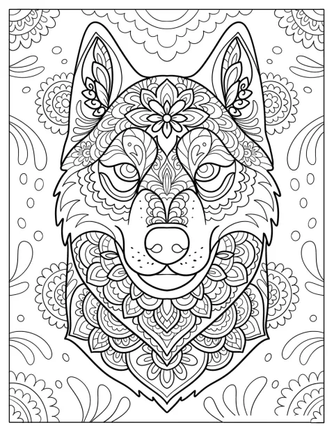 Huskyho hlavu obklopují složité ornamenty mandaly.