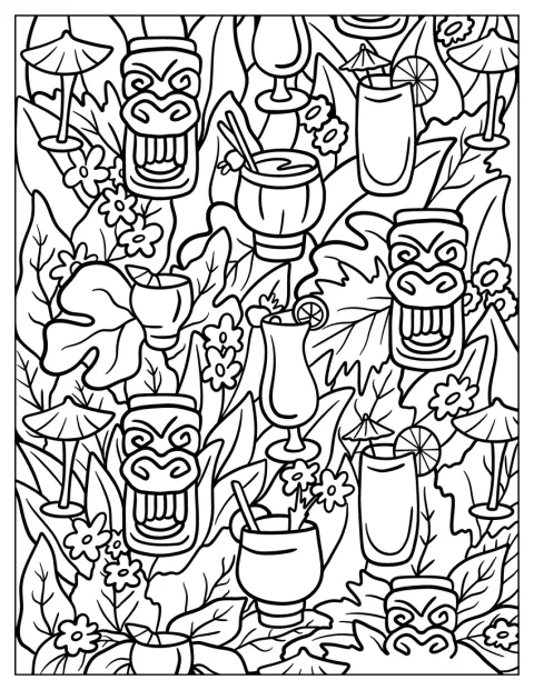 Tiki-figurer og drinker med hawaiiske detaljer gjentas i et mønster.