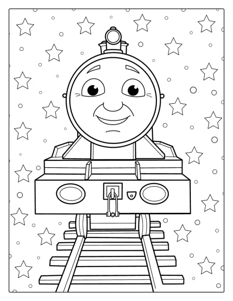 Thomas, locomotiva zâmbitoare, stă pe șine.
