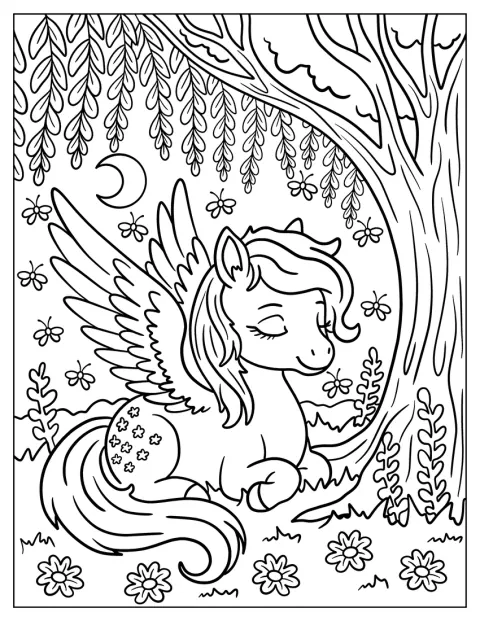 Een Pegasus met sterren op zijn flank slaapt vredig in een tuin.