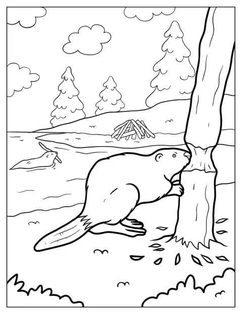 De bever knaagt aan de stam en velt zo een boom.