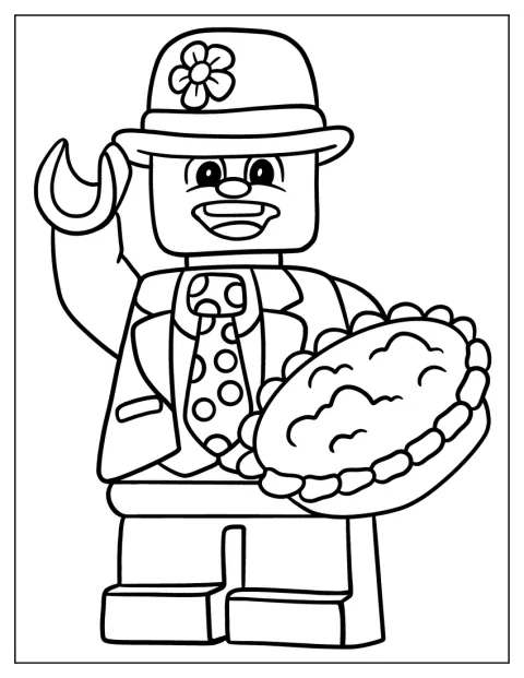 Een Lego-clown met een stropdas met stippen houdt een grote taart vast.