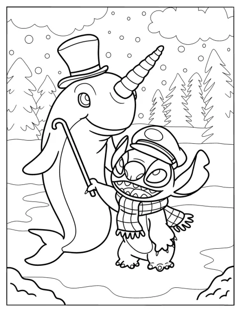 Stitch staat met een narwal met hoge hoed in de sneeuw.