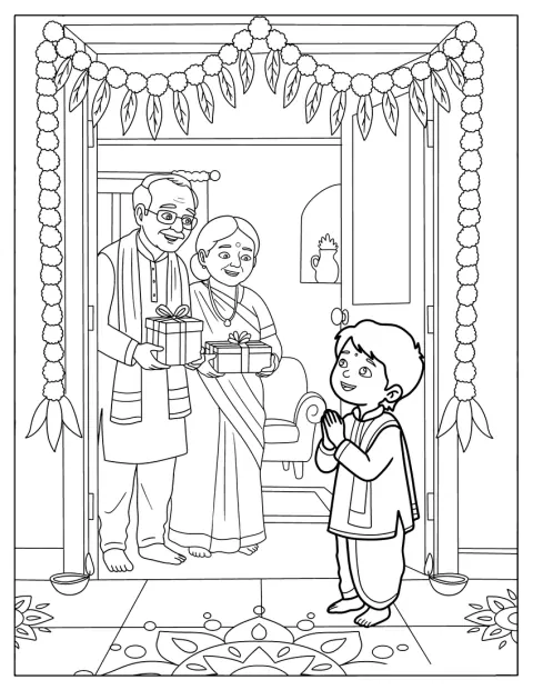 Prarodiče předávají dítěti dárky při rodinné oslavě Diwali.