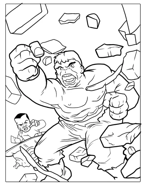 Hulk bryder gennem en mur med sin enorme styrke.