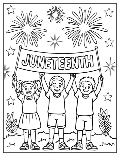 Tre bambini sollevano uno striscione del Juneteenth mentre i fuochi d’artificio brillano nel cielo.