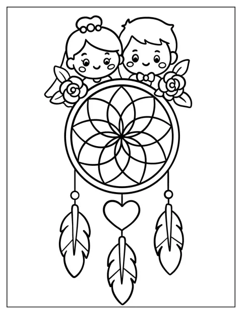 花で飾られたドリームキャッチャーに、かわいい新郎新婦が描かれています。
