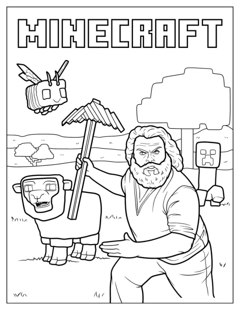 Jack Black, como Steve de Minecraft, surge junto de uma abelha e uma ovelha.