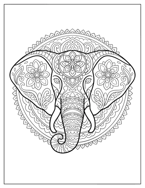 Blumen und Mandala-Muster schmücken den Kopf eines Elefanten.