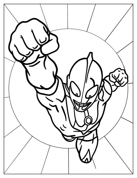 Ultraman voa pelo céu com os braços estendidos.