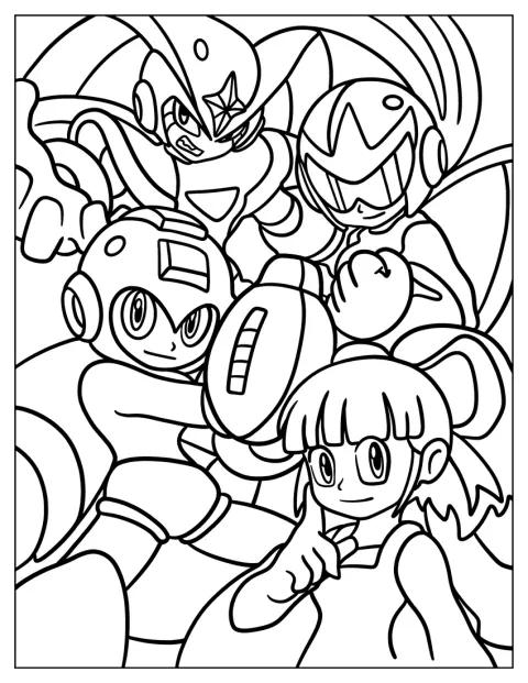 Mega Man Coloring Page With Roll, Proto Man, And Bass