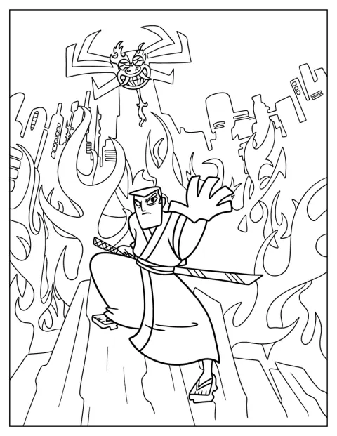 Samurai Jack står omgitt av flammer.