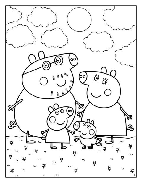 Mummy ja Daddy Pig ovat yhdessä Peppan ja Georgen kanssa kotona.