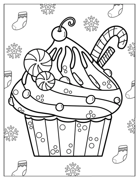 En cupcake er pyntet med sukkerstokke og julesokker.