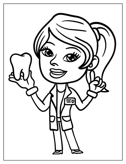 Chibi-tyylinen hammaslääkäri nostaa hampaan esille.