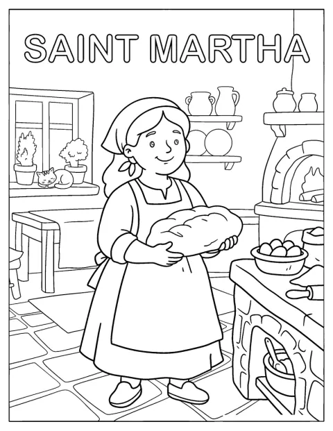 Saint Coloring Page of Martha Carrying Bread in a Kitchen
