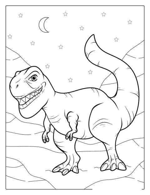 Un grande T-Rex si staglia sotto un cielo stellato.