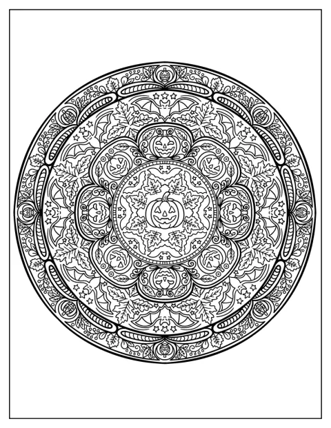 Herfstbladeren omringen een uitgesneden pompoen in deze Halloweenmandala.