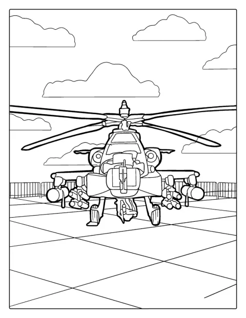Un hélicoptère Apache apparaît de profil.
