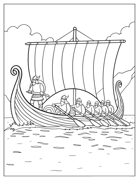 Een Vikingschip zeilt over het water.