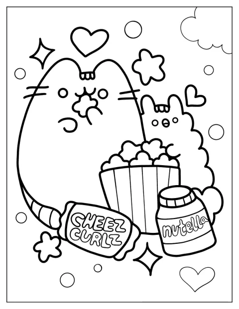 Pusheen og Stormy koser seg med en bolle popcorn.