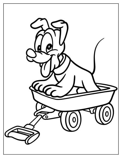 Pluto sitzt in einer Schubkarre.