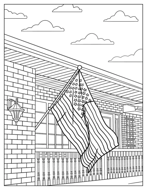 Vor einem Haus weht eine amerikanische Flagge.