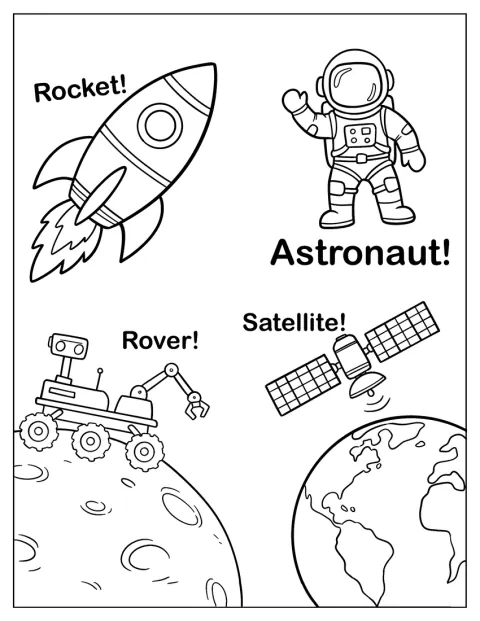 Een raket, astronaut, rover en satelliet verkennen samen de ruimte.