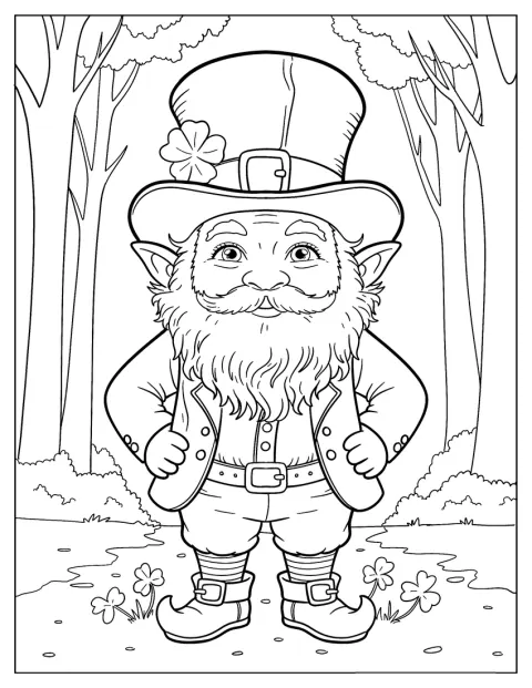 Smiling Leprechaun Coloring Page Standing In The Forest